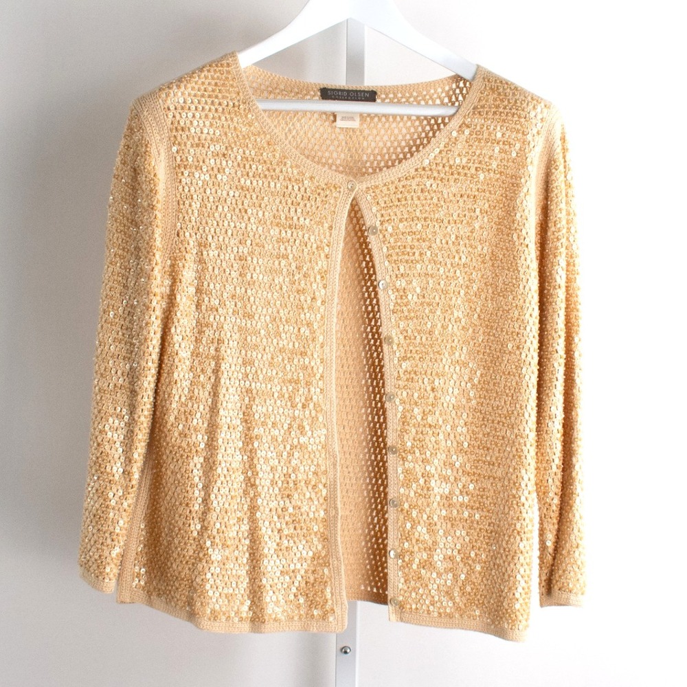 Sigrid Olsen Silk Sequin Embellished Knit Cardigan Sweater Gold Sparkly Size M